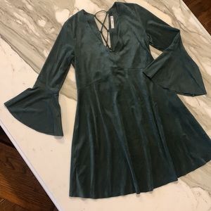 Mango Faux Suede Flared Sleeve Dress with Lace-Up Back - Forest Green, size 4